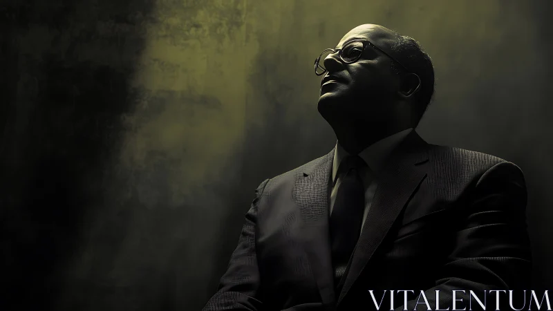 Man in suit gazes upward under dramatic low-key light.