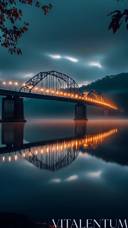 Steel truss bridge with lights reflected on calm river surface.