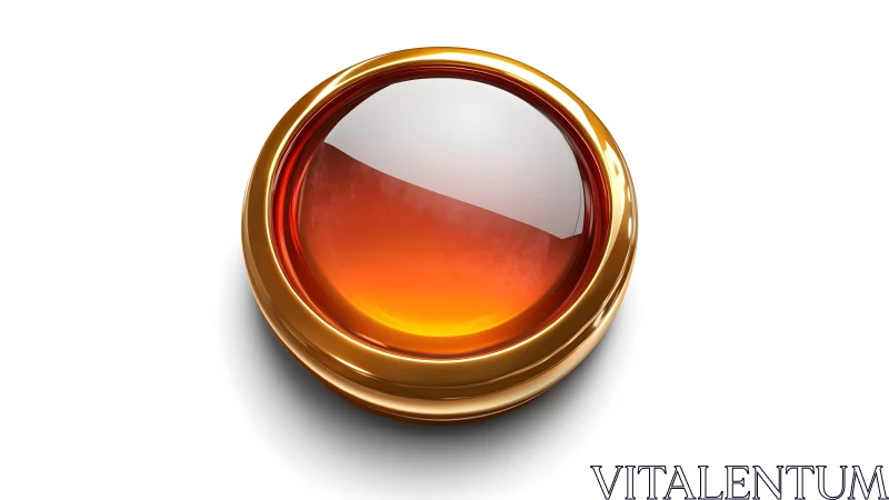 Shiny orange gemstone button with gold rim, digital 3D render.