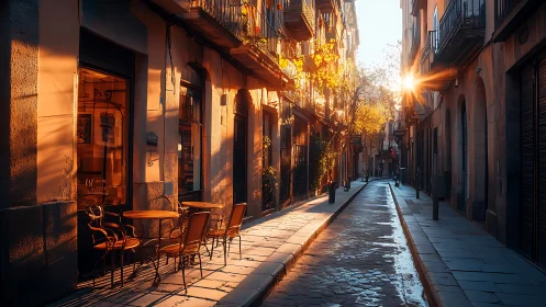 Sunlit European alleyway glows with cozy street café tables.