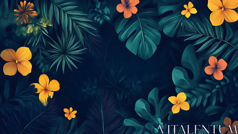 Tropical Floral Composition with Golden Blooms Against Deep Teal Foliage.