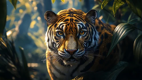 Golden-eyed tiger resting quietly in sunlit jungle shadows.
