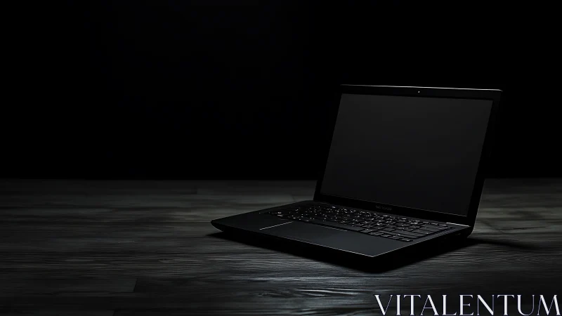 Quiet laptop glow in a calm, minimalist dark workspace.