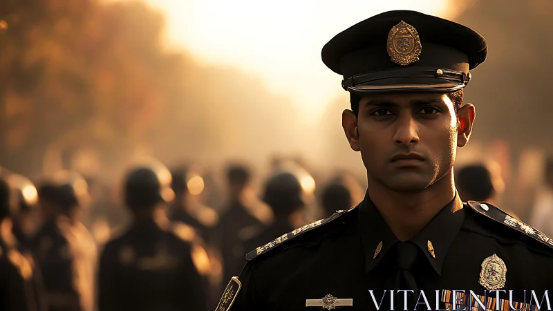 Serious police officer stands in uniform before blurred crowd.