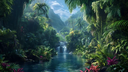 Emerald jungle lagoon cradles misty waterfalls and hidden light.
