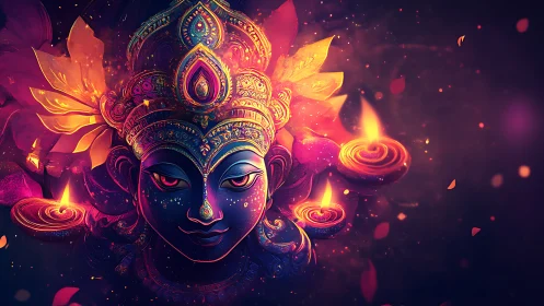 Divine blue deity portrait glows with vivid festival lamps