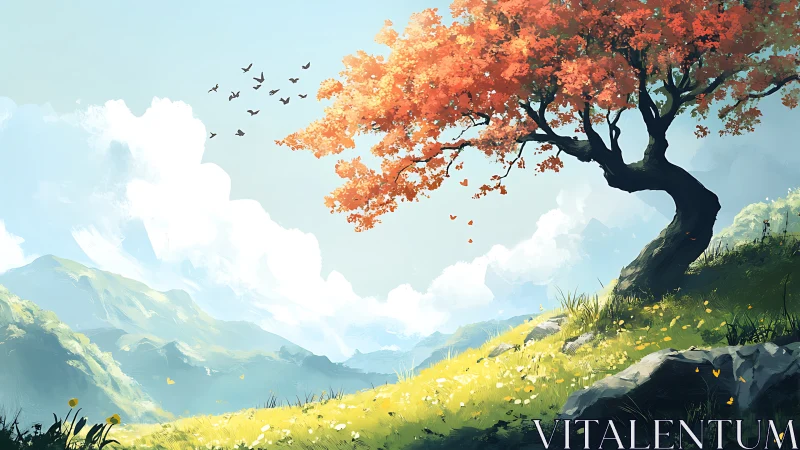 Sunlit hillside welcomes a graceful tree in warm autumn color