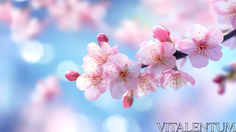 Pink Cherry Blossom Cluster Against Cyan Sky with Selective Focus Photography