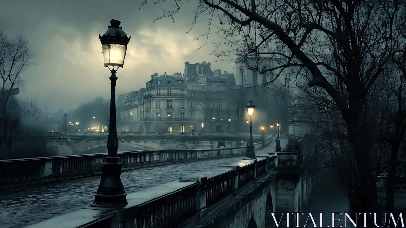 Foggy riverside bridge shows lit streetlamps and old buildings