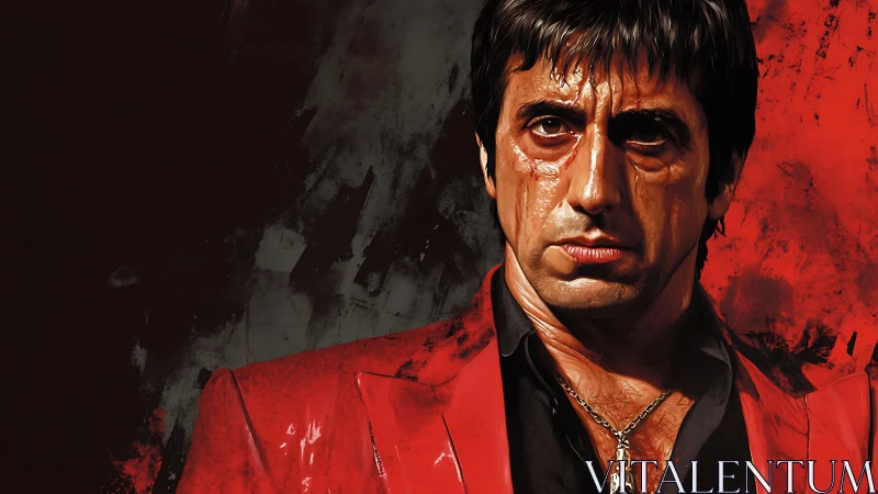 Digital portrait shows stern man in red jacket against abstract