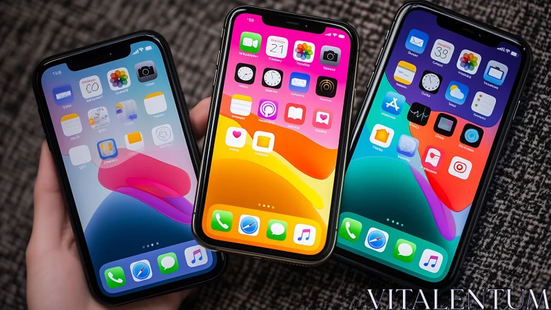 Three iPhone Models with Vibrant Liquid Motion Wallpapers and Customized Interfaces