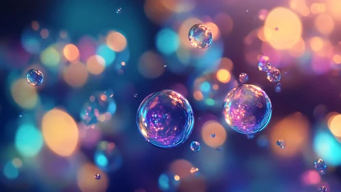 Suspended soap bubbles with colored bokeh light field background.