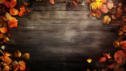 Autumn leaves frame surround weathered dark wooden boards
