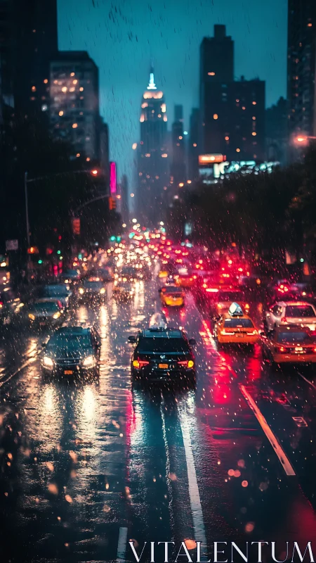 Neon rainstorm drapes a city avenue in cinematic glow.