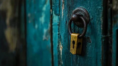 Rusty teal door holds a golden lock of quiet secrets.