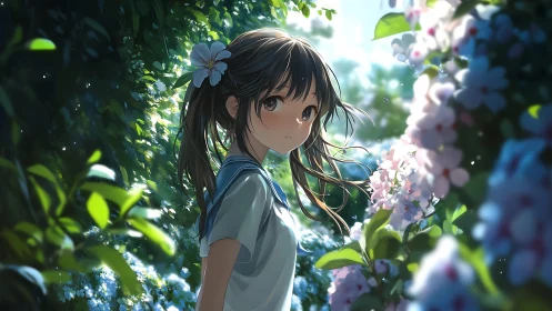 Schoolgirl stands in sunlit flower tunnel, gazing back softly