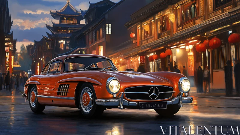 Midnight gullwing cruises through lantern-bright old streets