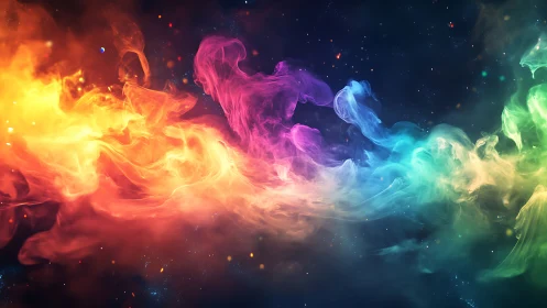 Dreamy rainbow nebula swirling through a starry night sky.