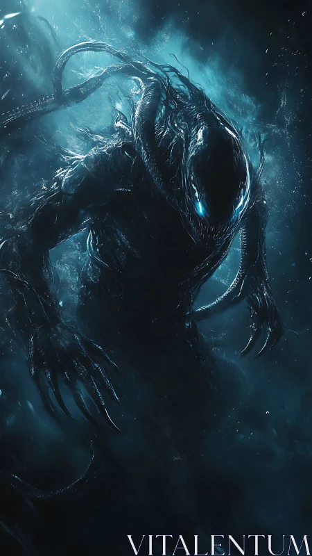 Abyssborn stalker with neon eyes in stormlit cosmic fog.