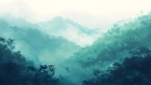 Misty Mountain Valley Landscape with Layered Forest.