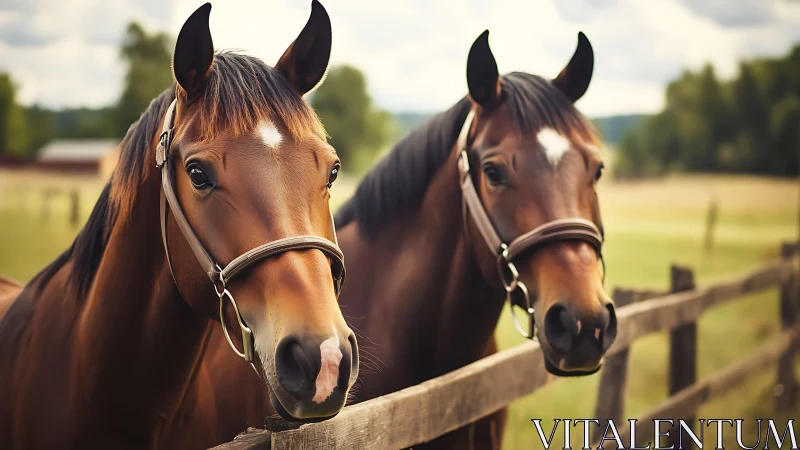 Bay horses in leather halters beside rustic pasture fence.