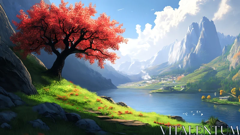 Radiant red tree overlooks high-altitude lake and terraced valley