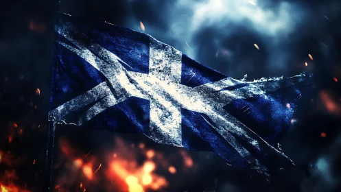 Scottish Flag Ablaze: Digital Destruction Against Storm.