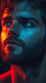 Bearded male portrait glows under cyan and red light