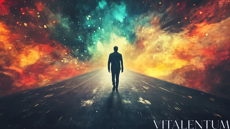 Silhouette on roadway against abstract cosmic nebula field.