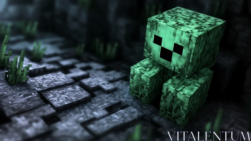 Green voxel creature on stone blocks in dim outdoor scene.