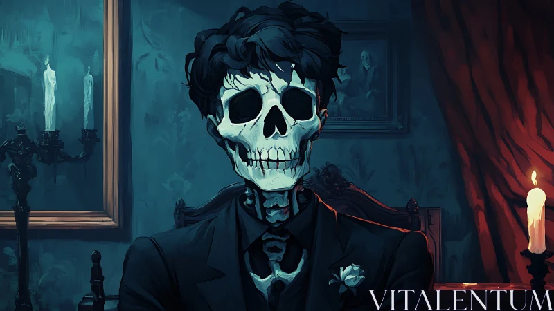 Skeletal figure in formal suit within dim candlelit room.