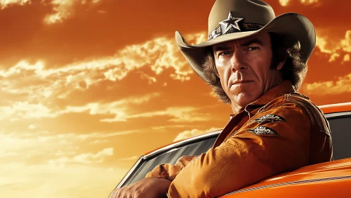 Cowboy driver leans from car against stylized orange sunset sky
