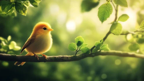 Fluffy yellow songbird on branch in soft, dreamy forest light.
