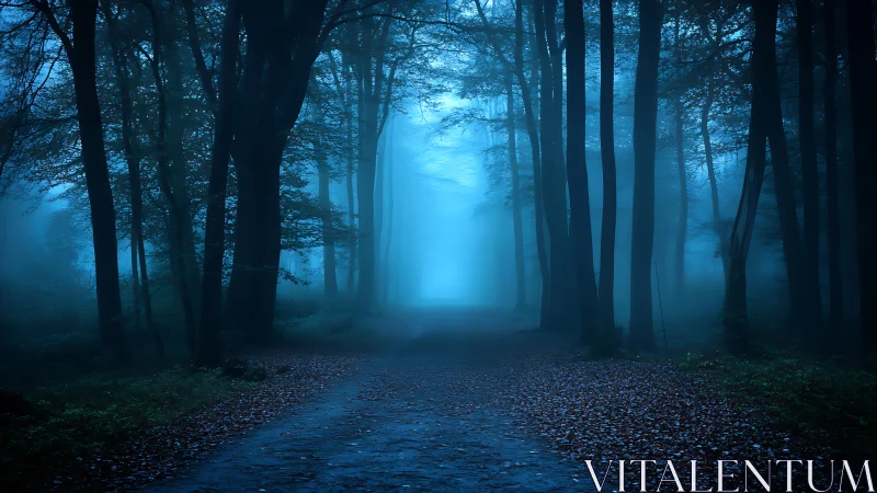 Blue mist path through silent forest at predawn hour.