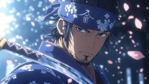 Samurai warrior under sakura bokeh with steely blue gaze.