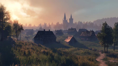 Medieval style village in soft dawn light and misty fields.