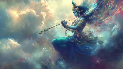 Divine blue figure plays flute in swirling luminous clouds.