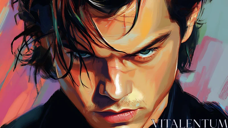 Digital portrait of young man with intense downward gaze.