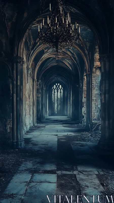 Gothic ruin corridor with decayed arches and chandelier.