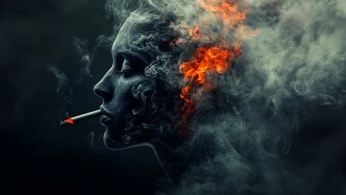 Smoldering smoke-face drifts into firelit oblivion.