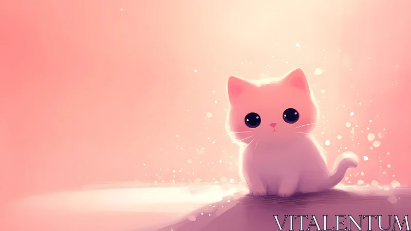 Soft-focus pink cat character sits in glowing atmospheric scene