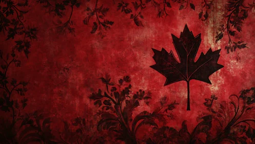 Crimson maple emblem blooms over baroque floral shadows.