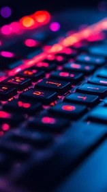 Low-angle macro view of RGB-backlit mechanical keyboard keys