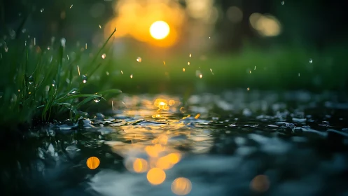 Raindrops hitting shallow water at sunset in soft focus.