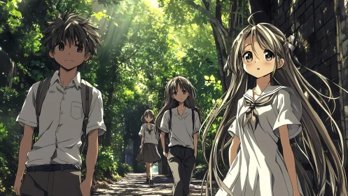 Summer school walk under dappled forest light, anime style