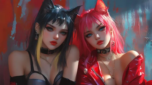 Two stylized cat-eared women in glossy urban setting.