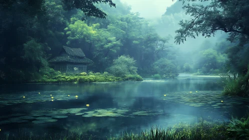 Mist-veiled lakeside pavilion with reflective lily pond