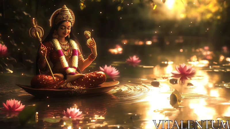 Golden river goddess smiles over lotus-lit evening water