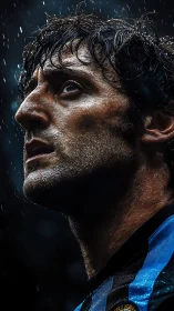 Rain-soaked footballer gazing upward with quiet resolve.