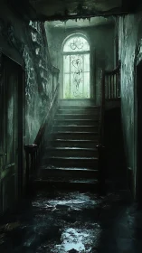 Haunted stairwell rises toward a cold, ghostly window glow